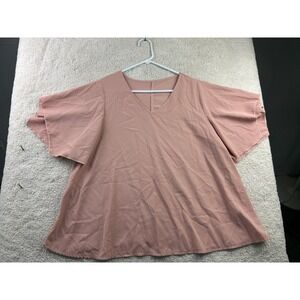 LONESS CURVE Women's Top 0XL Pink Polyester V-Neck Flared Sleeve